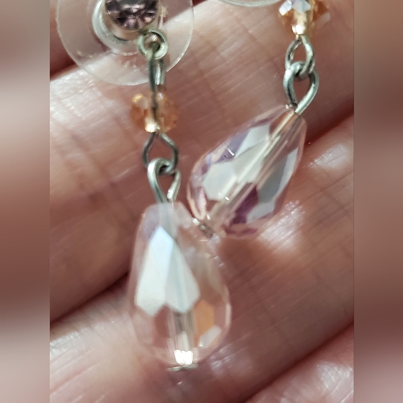 Vintage glass crystal pink drop earrings CZ stones silver elegant - Picture 5 of 8